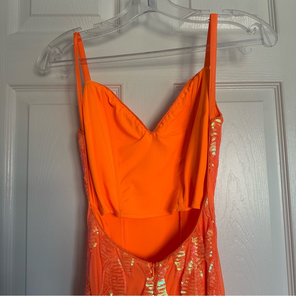 Jovani Neon Orange Sequin Mermaid Prom Dress - Picture 11 of 14
